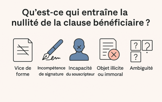 Causes de nullité d’une clause bénéficiaire d’assurance vie : vice de forme, incapacité, signature incompétente, objet illicite, ambiguïté.