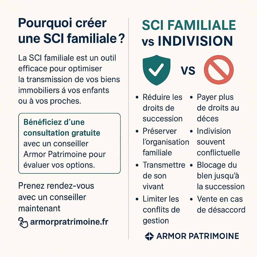 Infographie des avantages d’une SCI familiale : succession, gestion, fiscalité, indivision