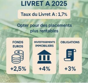 Infographie comparant le rendement du Livret A (1,7 %) aux fonds en euros, obligations d’État, assurance-vie et PEA pour guider les épargnants