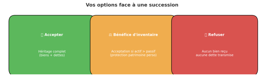 Schéma comparatif des trois options face à une succession : acceptation simple, renonciation et acceptation à concurrence de l’actif net.