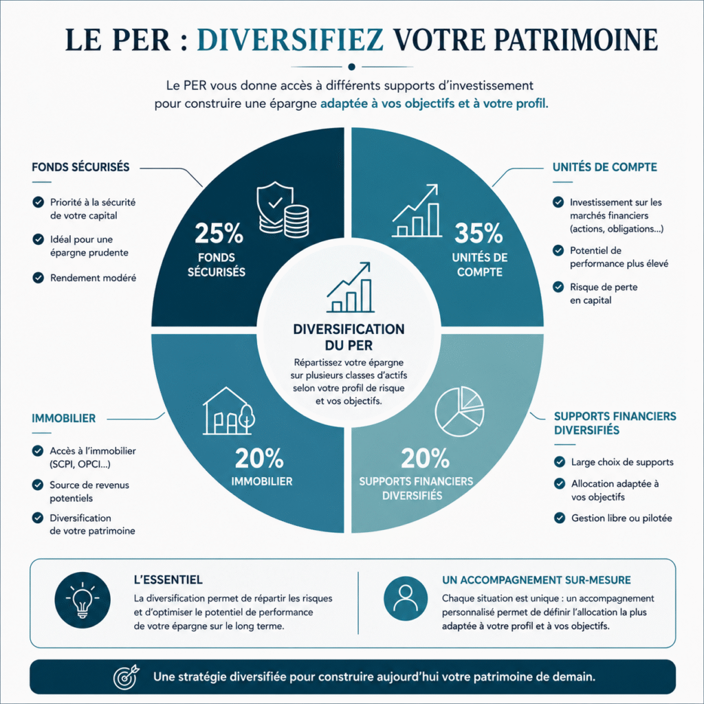 Diagramme circulaire représentant la diversification d’un PER entre fonds sécurisés, immobilier et unités de compte par un cabinet de gestion de patrimoine à Rennes.