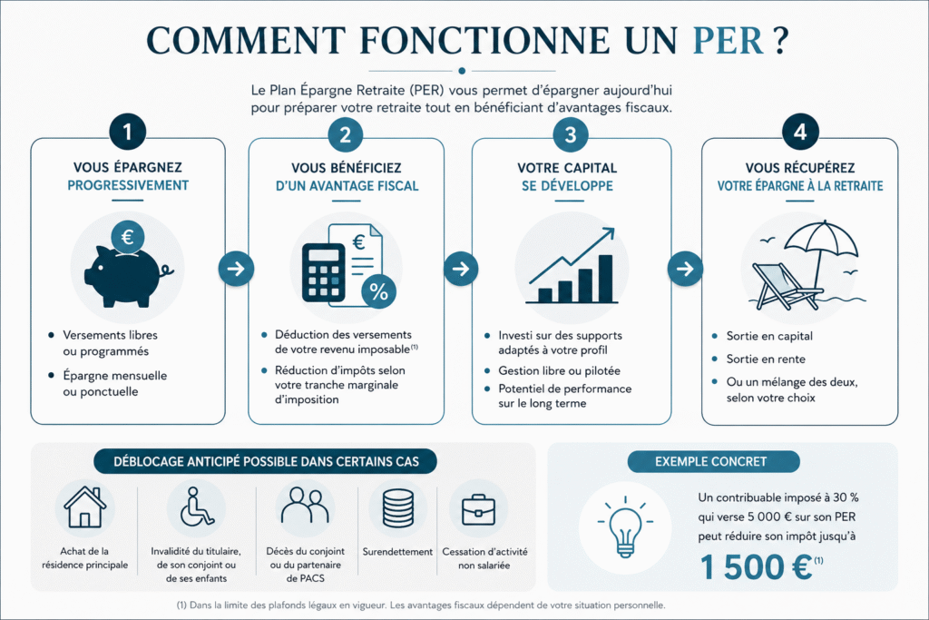 Schéma explicatif du fonctionnement d’un PER avec les étapes d’épargne, d’avantage fiscal et de préparation retraite réalisé par un cabinet de gestion de patrimoine à Rennes.