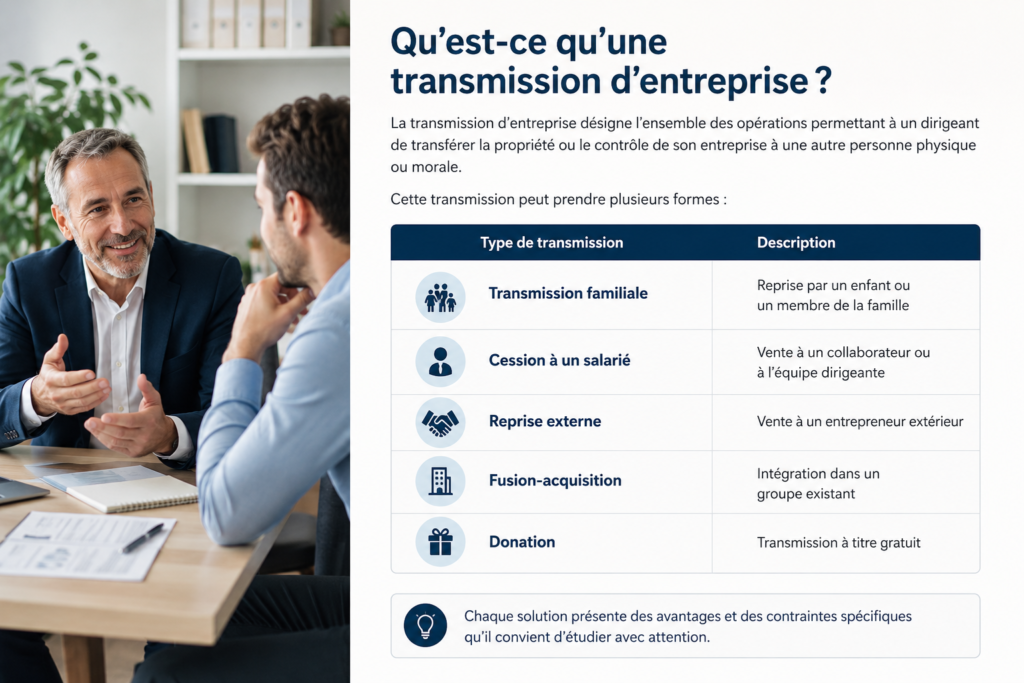 Dirigeant présentant les différentes options de transmission d'entreprise : transmission familiale, cession à un salarié, reprise externe, fusion-acquisition et donation.