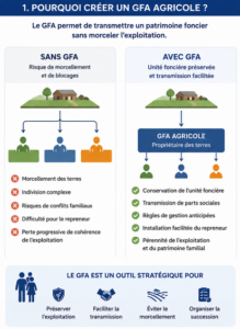 Comparaison entre une transmission agricole sans GFA et avec GFA montrant les avantages du Groupement Foncier Agricole pour préserver l'unité du patrimoine foncier.