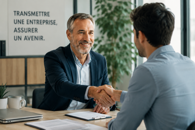 Dirigeant d'entreprise serrant la main d'un repreneur lors d'une transmission d'entreprise réussie dans un cadre professionnel.