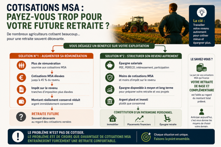 Infographie expliquant comment un exploitant agricole peut réduire ses cotisations MSA et préparer sa retraite grâce à l'épargne salariale, au PEE et au PERECO.