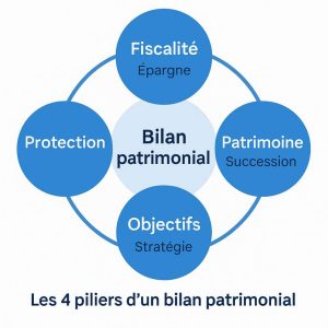 Schéma illustrant les différentes composantes d’un bilan patrimonial (juridique, fiscal, social, financier)