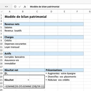 Aperçu visuel du modèle de bilan patrimonial Excel